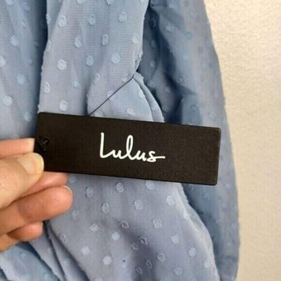 Lulus Womens Blue Halter Dress With Polka Dot Pattern & Ruffle Hem Size L - Picture 3 of 10